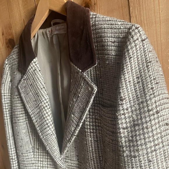 Vintage '80's Gucci Wool Plaid Nubby Tweed Houndstooth Blazer Jacket Velvet Trim - Picture 2 of 9